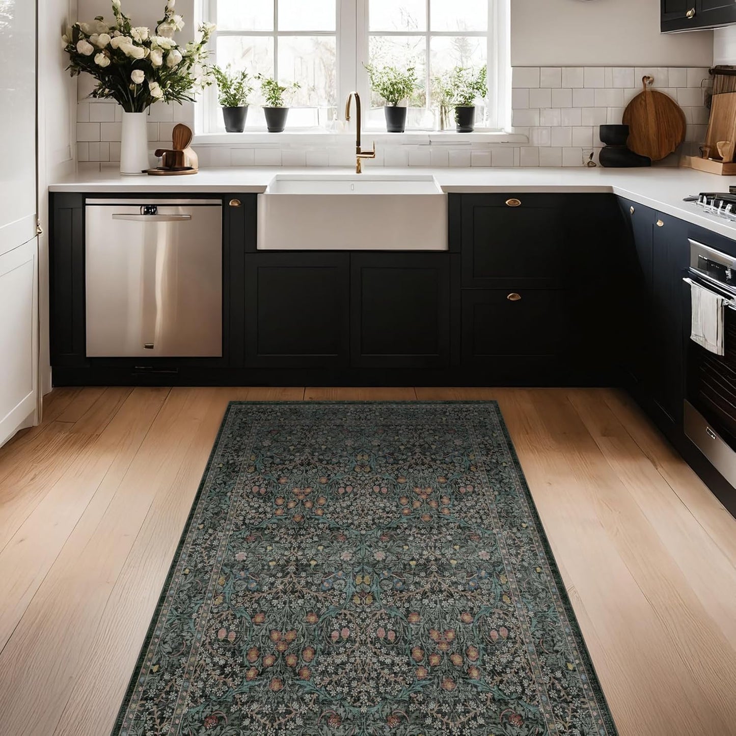 Vintage Floral Area Rug - Dark Green 3x5 Non-Slip, Ultra Soft & Stain Resistant for Entryway, Kitchen, Bedroom