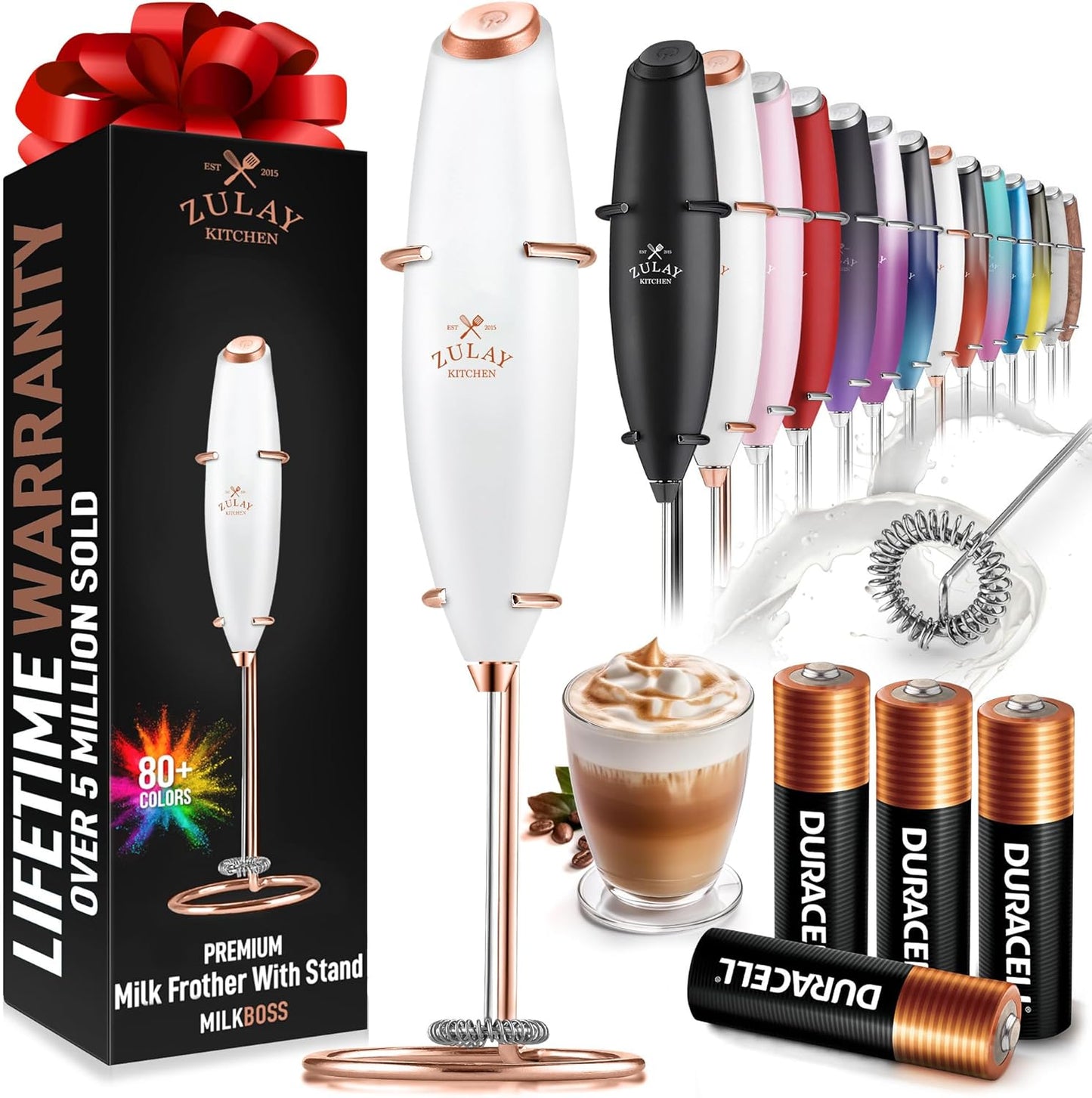 Zulay Kitchen Milk Frother Wand - Ultra-Fast Handheld Electric Whisk for Coffee, Lattes & More | White & Rose Gold