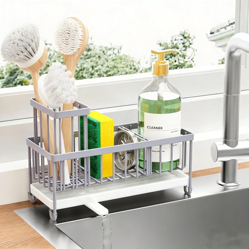Cisily Sponge Holder for Kitchen Sink, Sink Caddy Organizer with High Brush Holder, Kitchen Countertop Organizers and Storage Essentials, Rustproof 304 Stainless Steel (Gray, 9.25″)