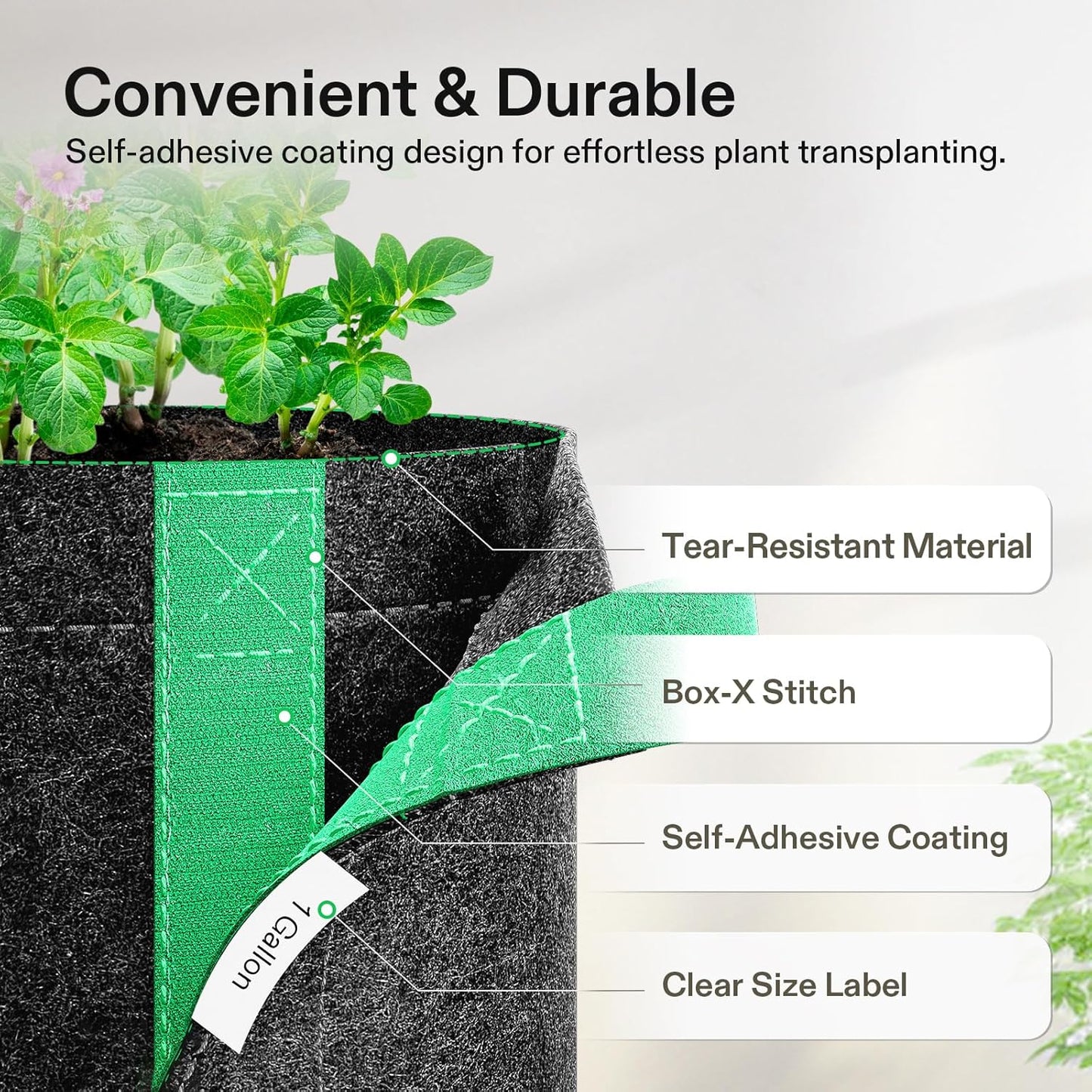 VIVOSUN 1 Gallon Grow Bags - 5-Pack Fabric Pots with Self-Adhesion Sides for Easy Transplanting