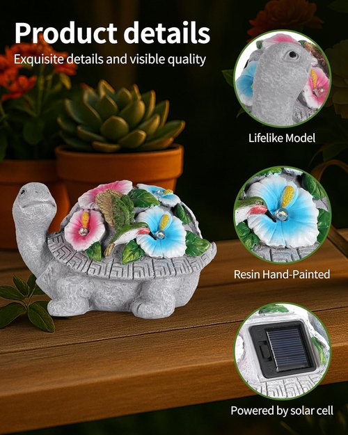 GoGnome Solar Turtle Figurine Lights - 5.5-Inch Garden Statue with Hummingbird Flower | Perfect Outdoor Yard Decor