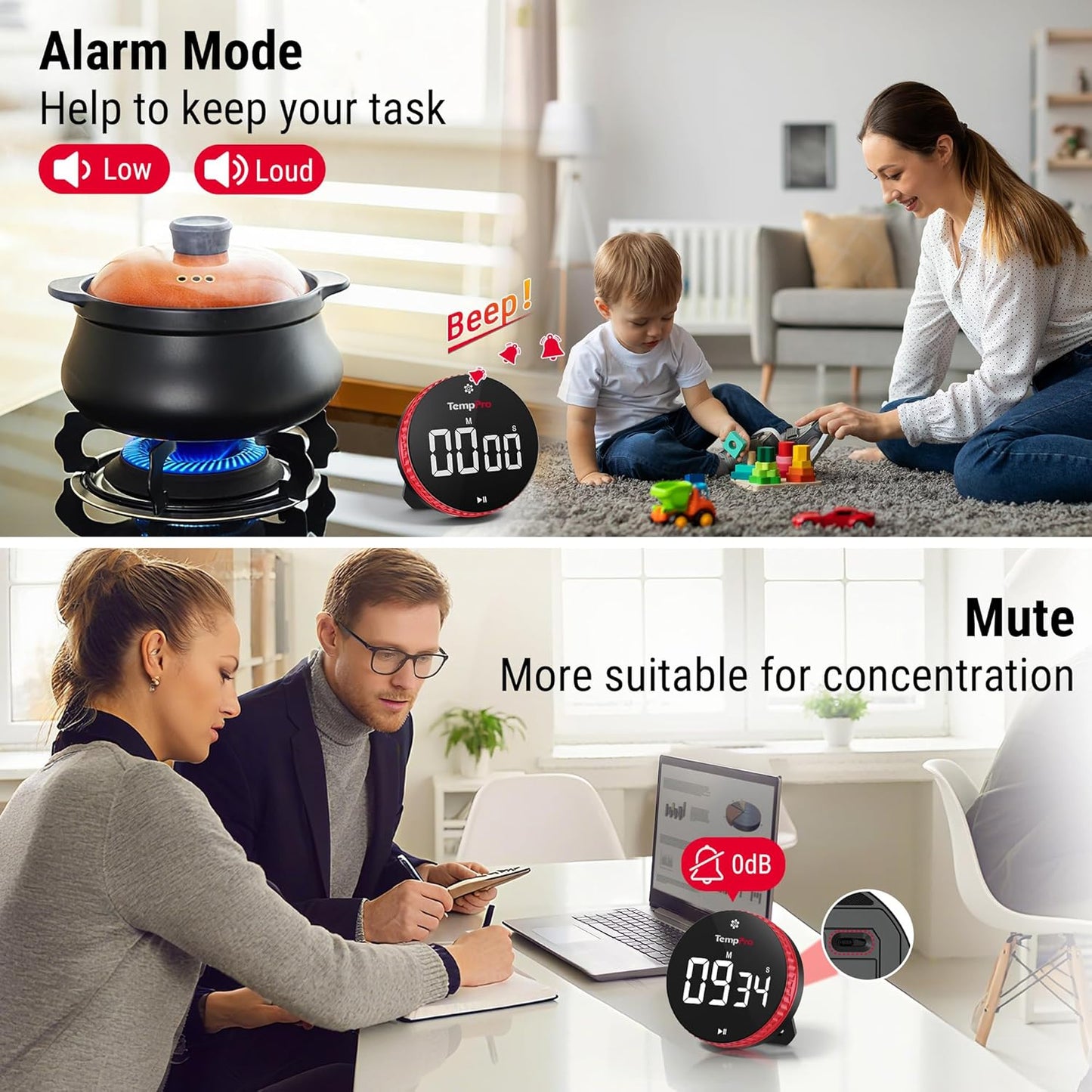 TempPro Digital Kitchen Timer - 99-Hour Countdown with Strong Magnet & Large LED Display | 3 Volume Levels