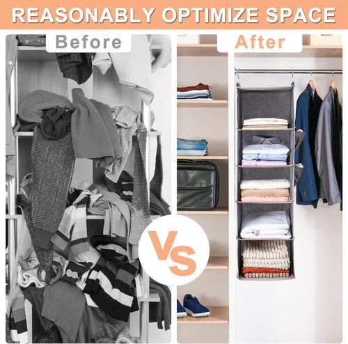 BOOMIBOO Hanging Closet Organizer - 5 Shelves with 2 Side Pockets | Foldable Storage Solution (Beige, 2 Pack)