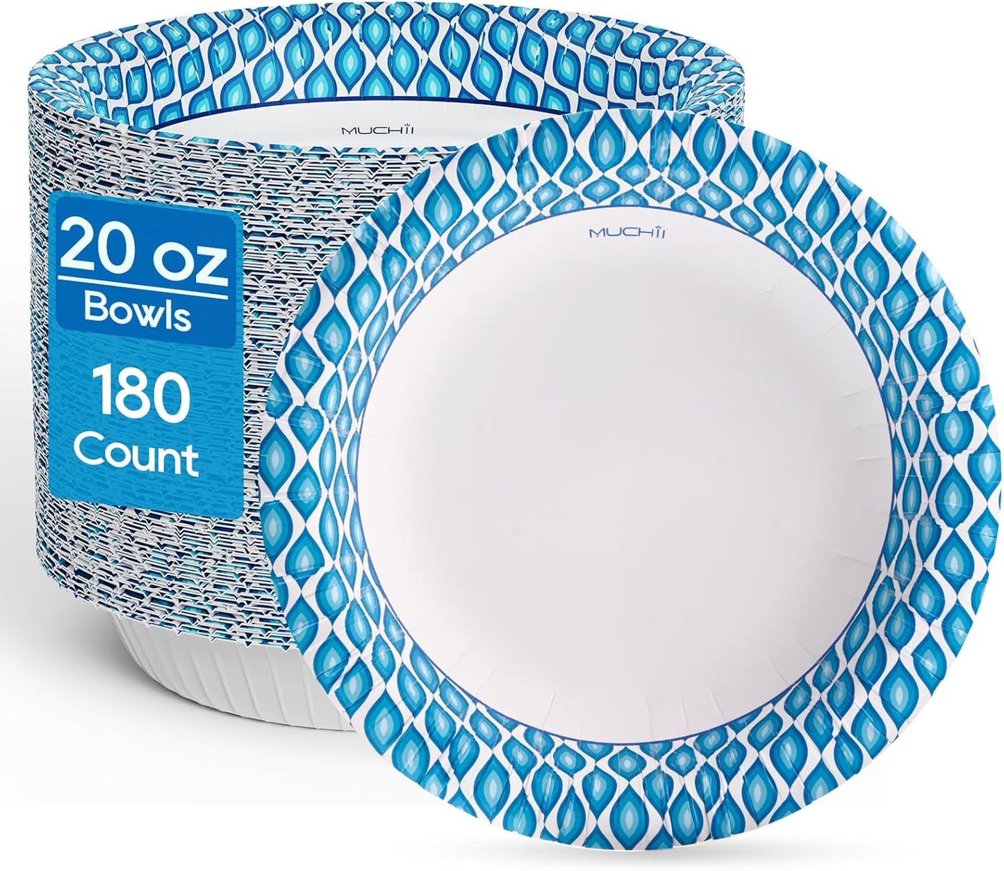 MUCHII 20 Oz Disposable Paper Bowls - 180 Count, Soak Proof Design for All Meals