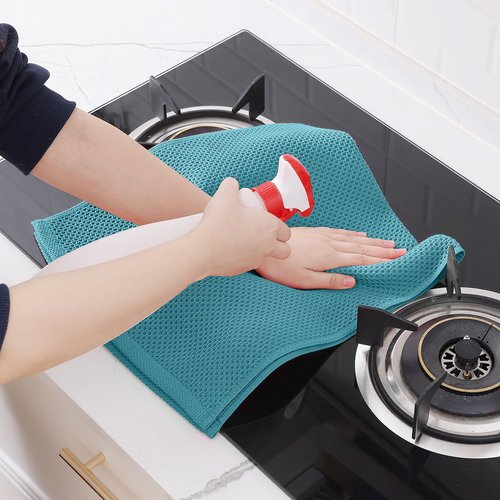 Homaxy 100% Cotton Waffle Weave Kitchen Dish Towels, Ultra Soft Absorbent Quick Drying Cleaning Towel, 13 x 28 Inches, 6-Pack, Lake Blue