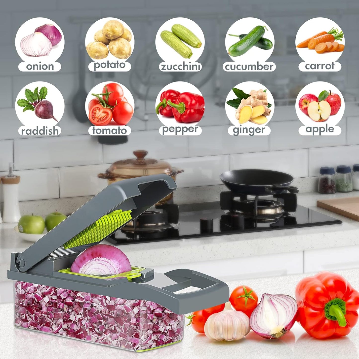 Ourokhome Vegetable Chopper - 12-in-1 Professional Mandoline Slicer with 8 Blades & Strainer Basket - Gray