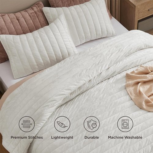 Bedsure Velvet Quilt King Size Set - Oversized 108"x96" Ultra Soft Luxury Comforter & 2 Pillow Shams | Cream White