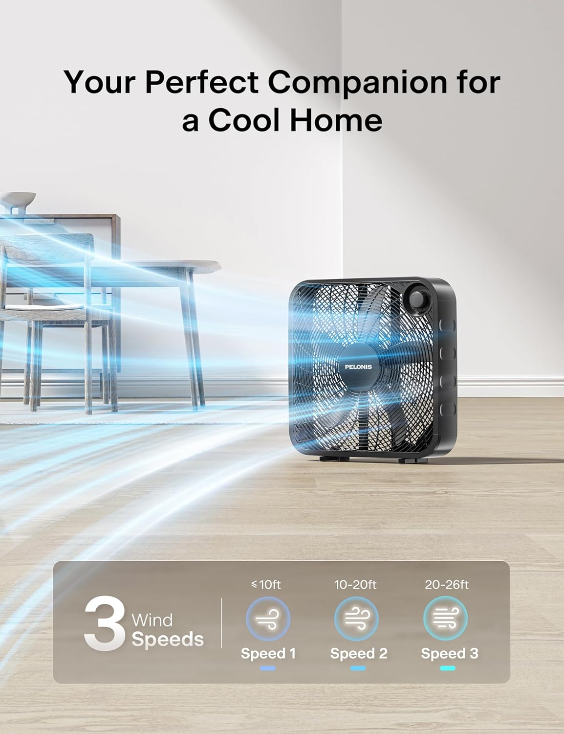 Pelonis 20-Inch Box Fan - 3 Speed Floor & Window Fan with Superior Air Throw (2295 CFM) - Lightweight & Versatile for Home or Office