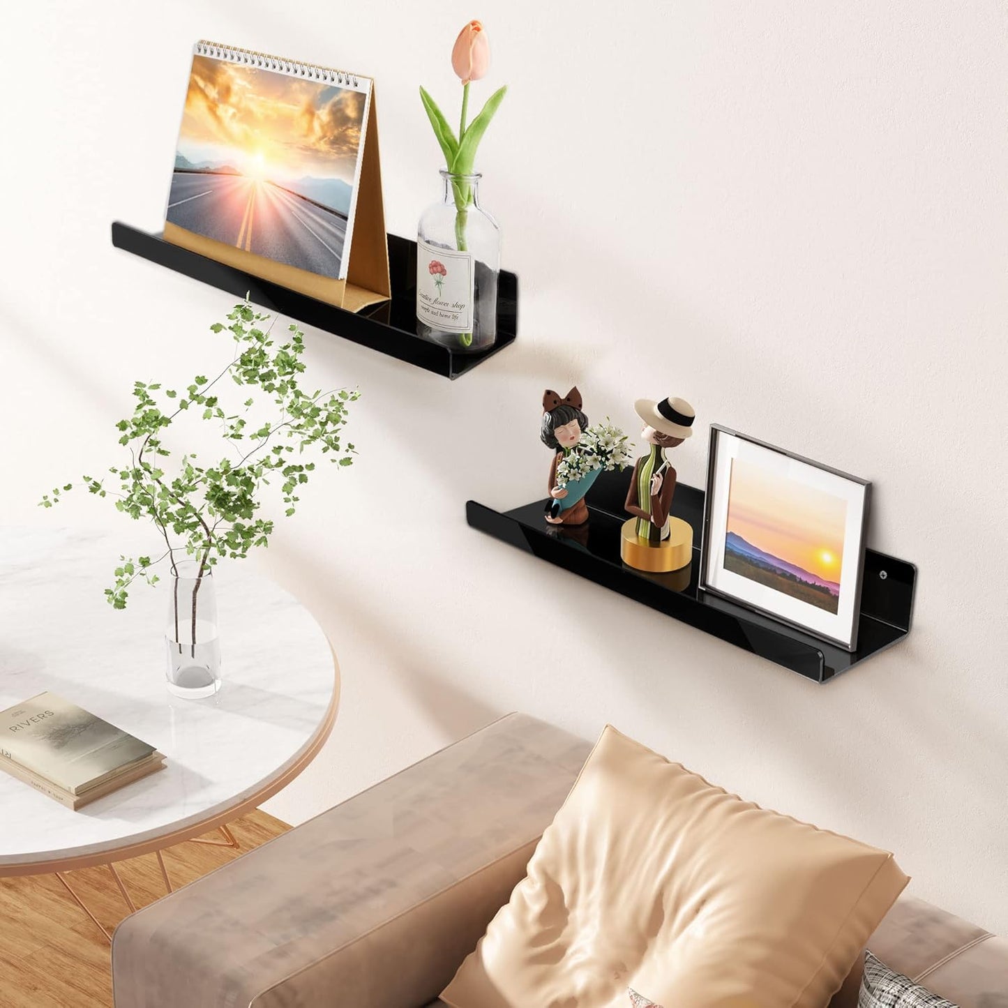 Upsimples Acrylic Wall Shelves - 15" Floating Display Shelf for Perfume & Books | Black, 2 Pack