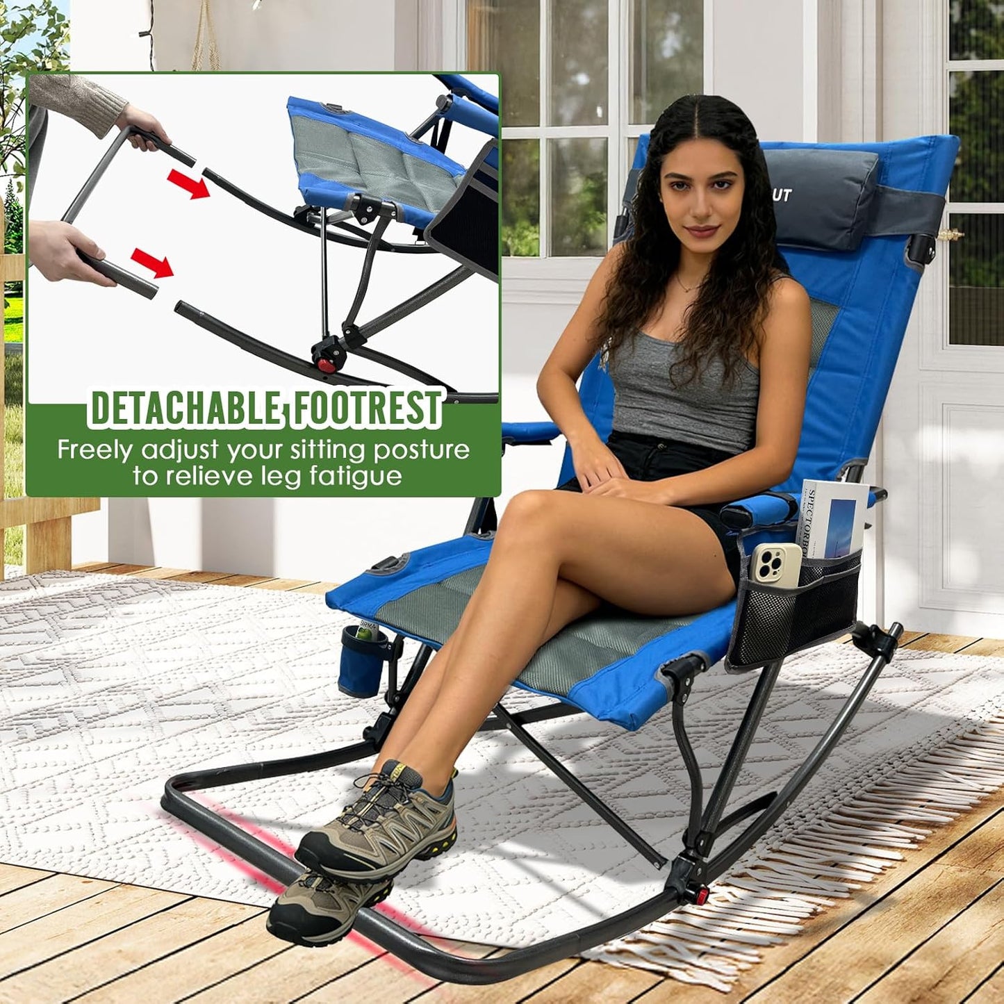 Skiennix Oversized Rocking Camping Chair - 13.8" High Seat with Foot Rest & Headrest | Supports 300 lbs, Includes Carry Bag