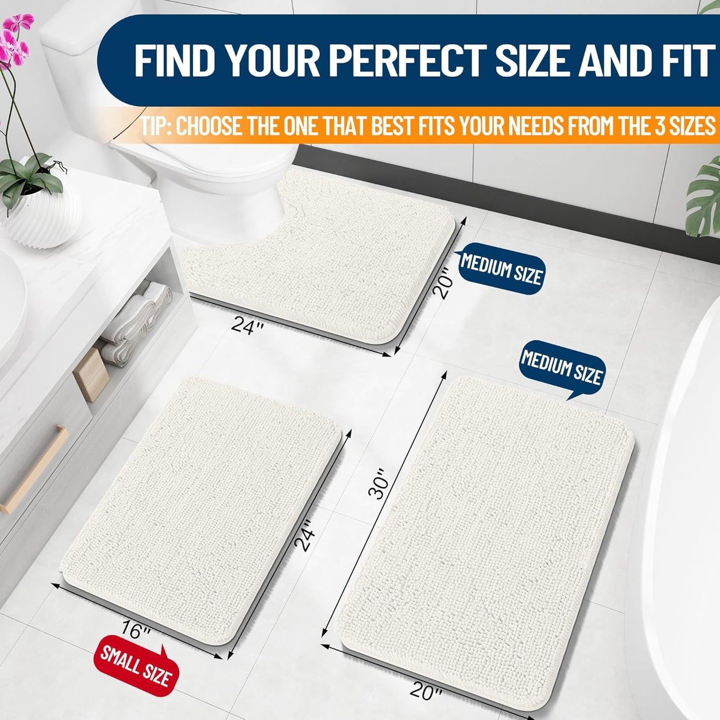 OLANLY U-Shaped Toilet Rug - Extra Soft, Absorbent Chenille Bath Mat | 24x20, Ivory, Non-Slip, Quick-Dry