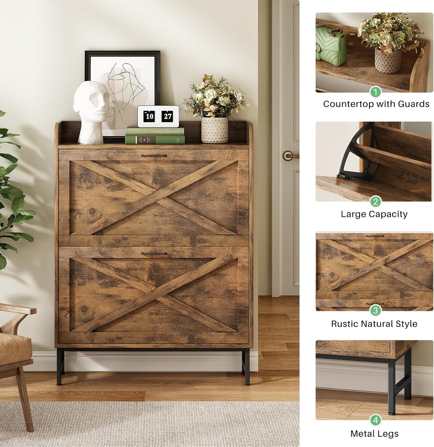 Kitstorack Shoe Storage Cabinet - Rustic Brown Wooden Organizer with 2 Flip Drawers & Metal Legs