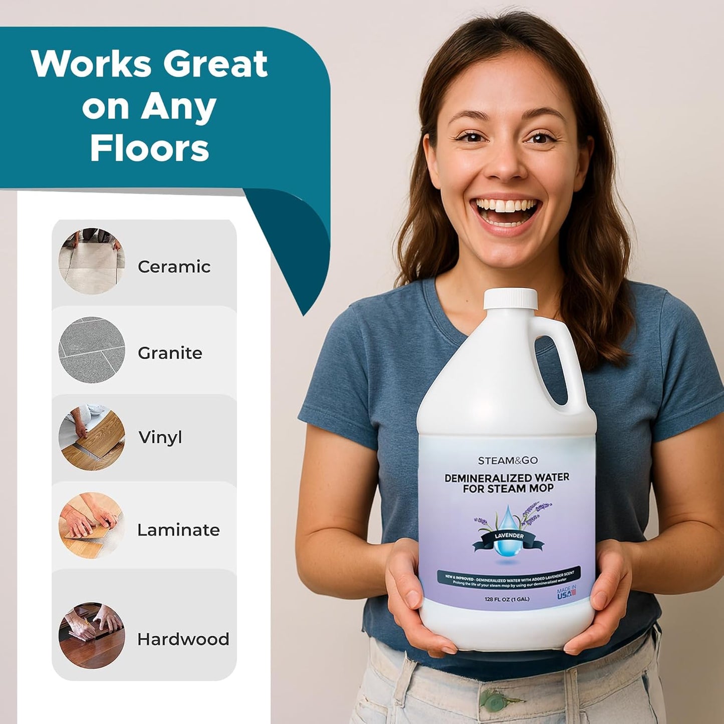 Steam & Go Demineralized Water | PVC-Free Steam Cleaner Solution for All Mops - Lavender Scent, 128 Fl Oz