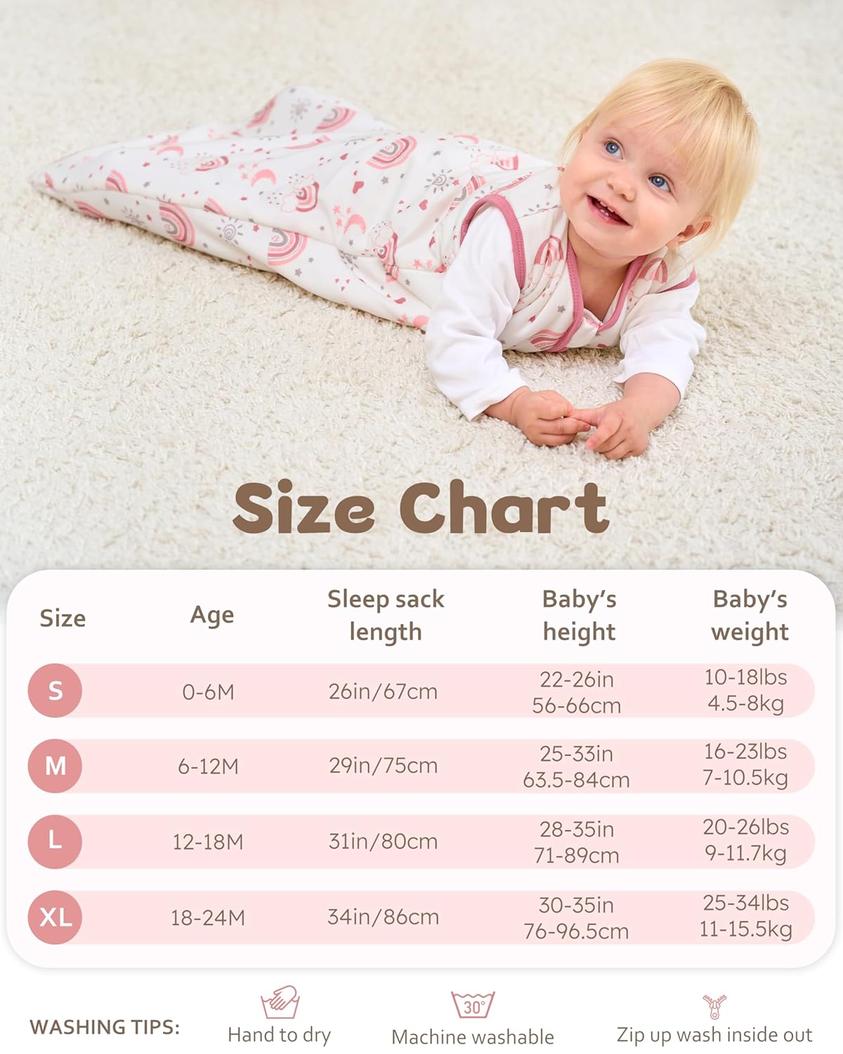 Rayon Made from Bamboo Baby Sleep Sack - Soft 1.0 Tog Wearable Blanket for Infants | 2-Pack Pink Rainbow, 6-12 Months