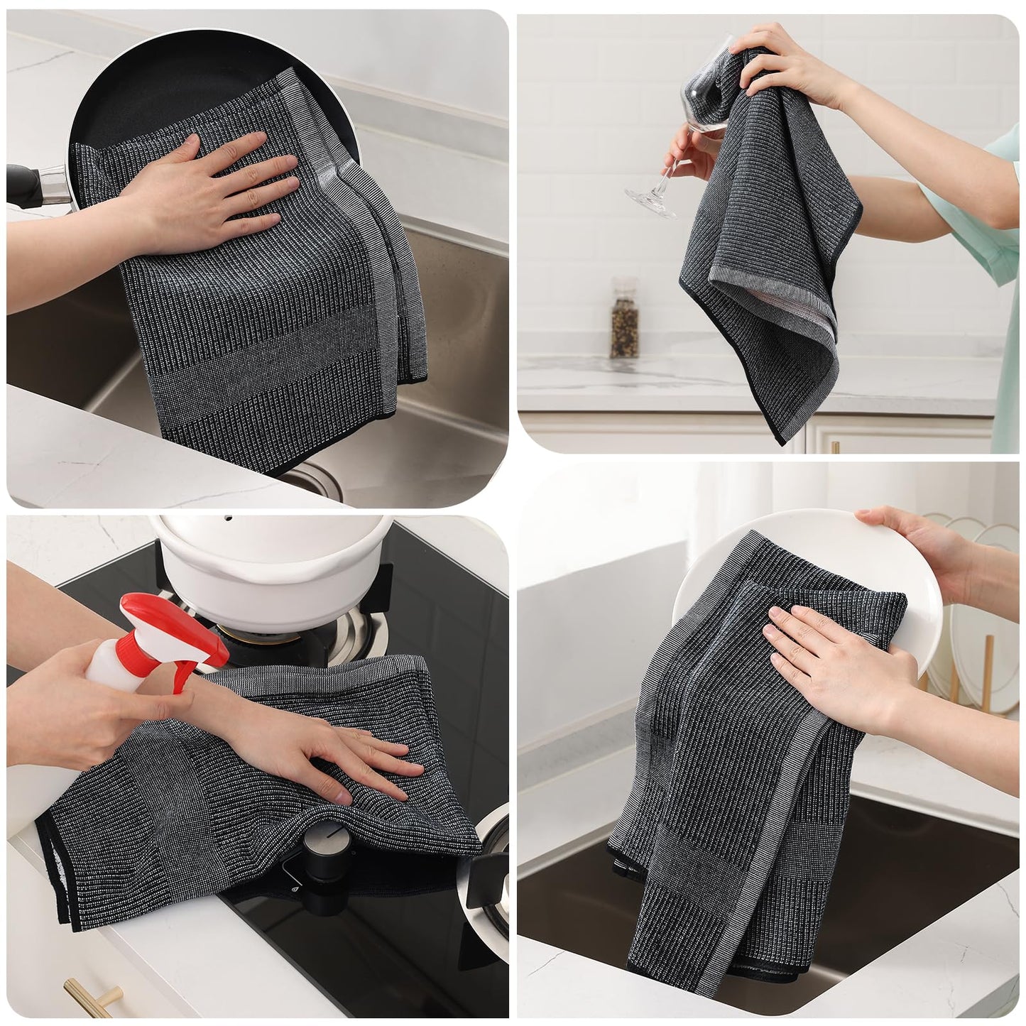 Mordimy Premium Kitchen Towels 6 Pack (18 x 28 Inches, Black), Large Cotton Kitchen Hand Towel, Flat & Terry Dish Towels for Drying Dishes, Super Absorbent Tea Dishtowels Set with Hanging Loop