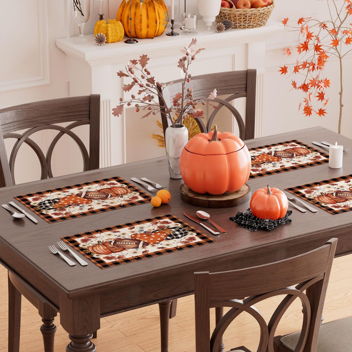 XCHI Fall Football Pumpkin Love Heart Flowers Plaid Placemats Set of 6 Table Mats for Party Home Kitchen Dining Table Decorations 12x18 Inch