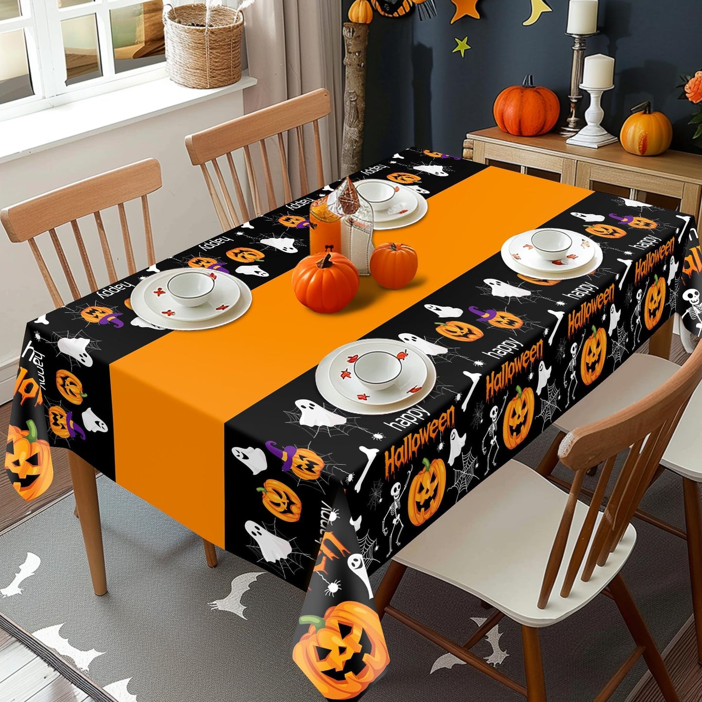 Childom 2 Pack Halloween Tablecloth,Halloween Decorations 54x108 Inch Disposable Plastic Table Cover for Rectangle,Pumpkin Spider Web Ghost Table Cloth for Home Indoor Outdoor Birthday Party Supplies