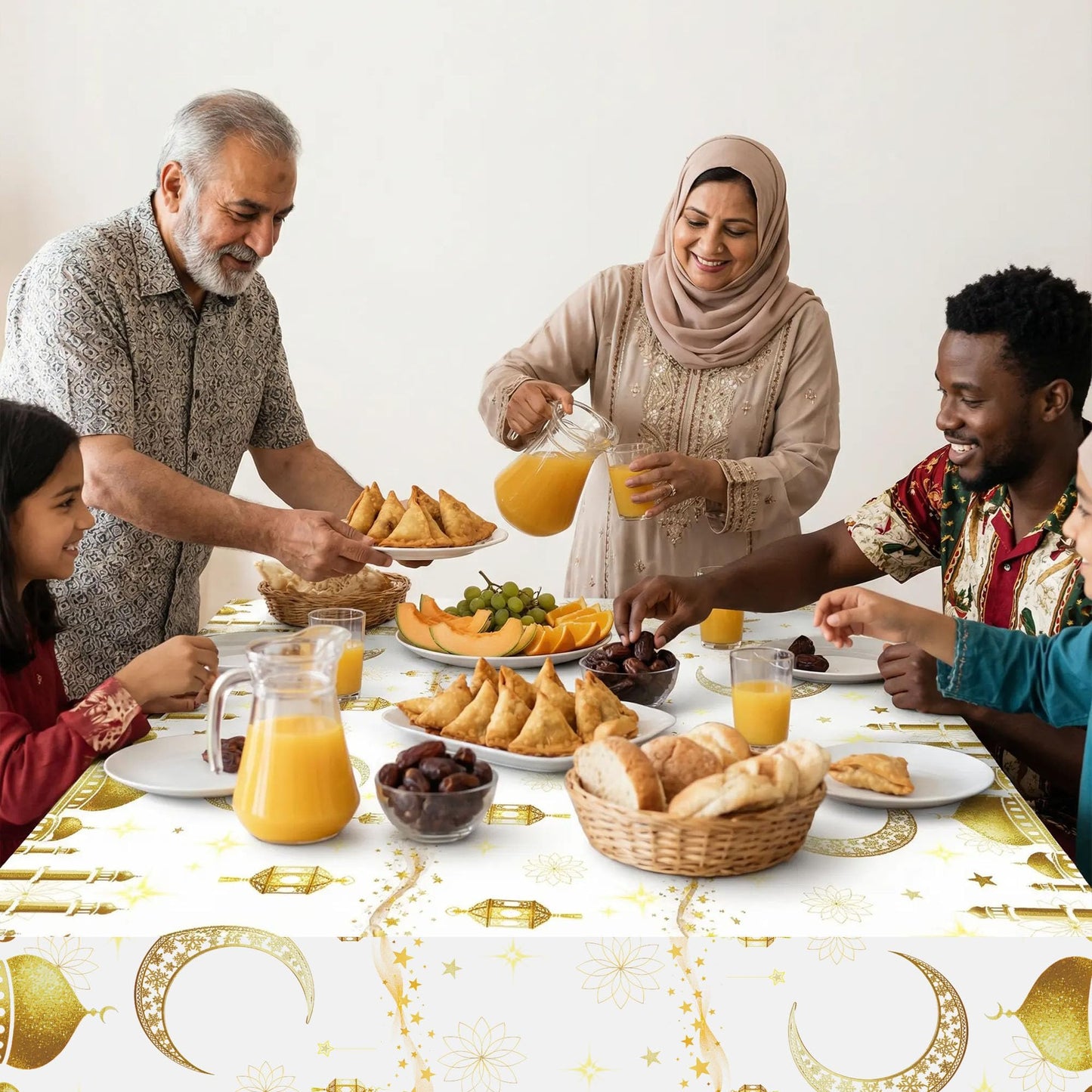 Ramadan Plastic Disposable Table Cloth: White and Gold Mosque Moon Star Lamp Ramadan Kareem Table Cover Muslim Eid Al-fitr Eid Mubarak Tablecloths for Ramadan Party Supplies 54×108Inches(3 Pcs)