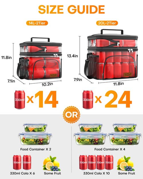 HOTOR Insulated Lunch Box for Men & Women - Leak-Proof Cooler Lunch Bag with 4 Pockets, Adjustable Strap, Ideal for Work, Picnic, Travel - Black, 2 Layers, Large, 11.81"×7.87"×13.39"