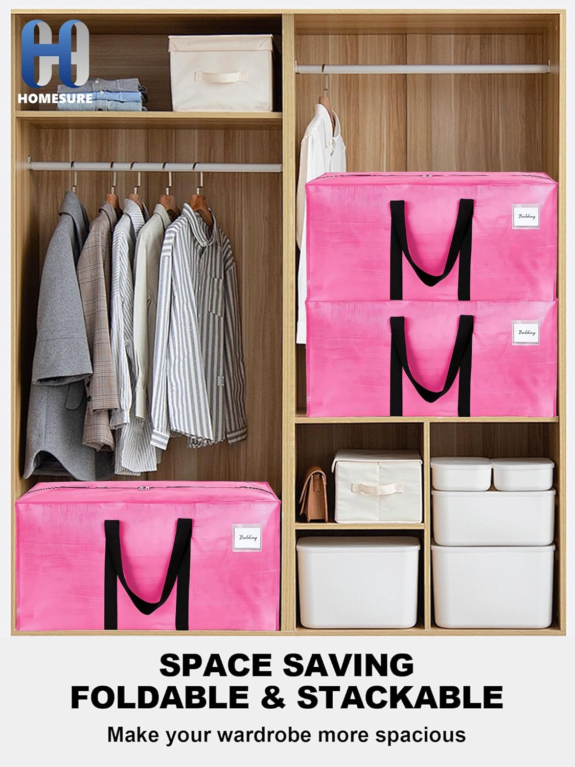 Strong Moving Bags - 12 Pack Water-Resistant Storage Totes with Zippers & Handles | Heavy Duty, Space-Saving (Pink)