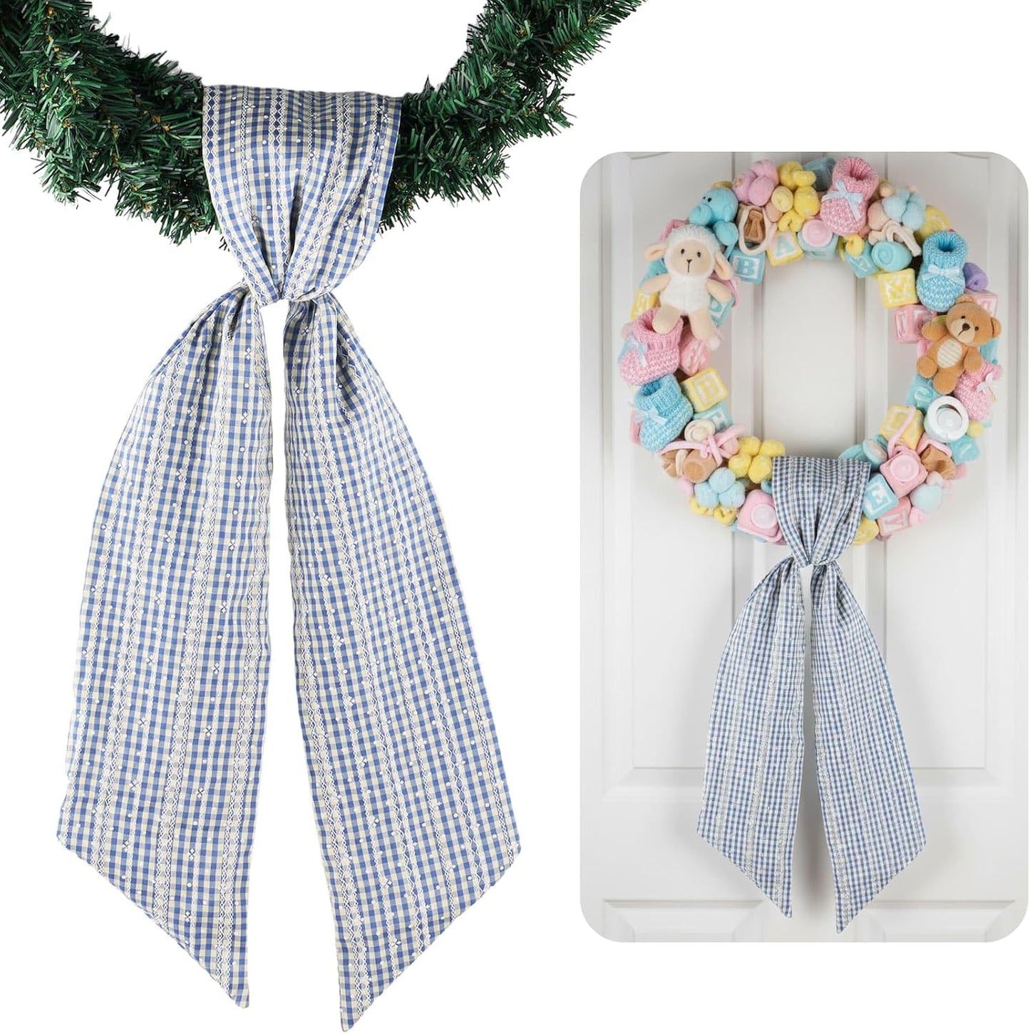 Regine Switzerland Blue Beige Jacquard Plaid Wreath Sash - 5.12" x 54.33" Modern Door Decoration
