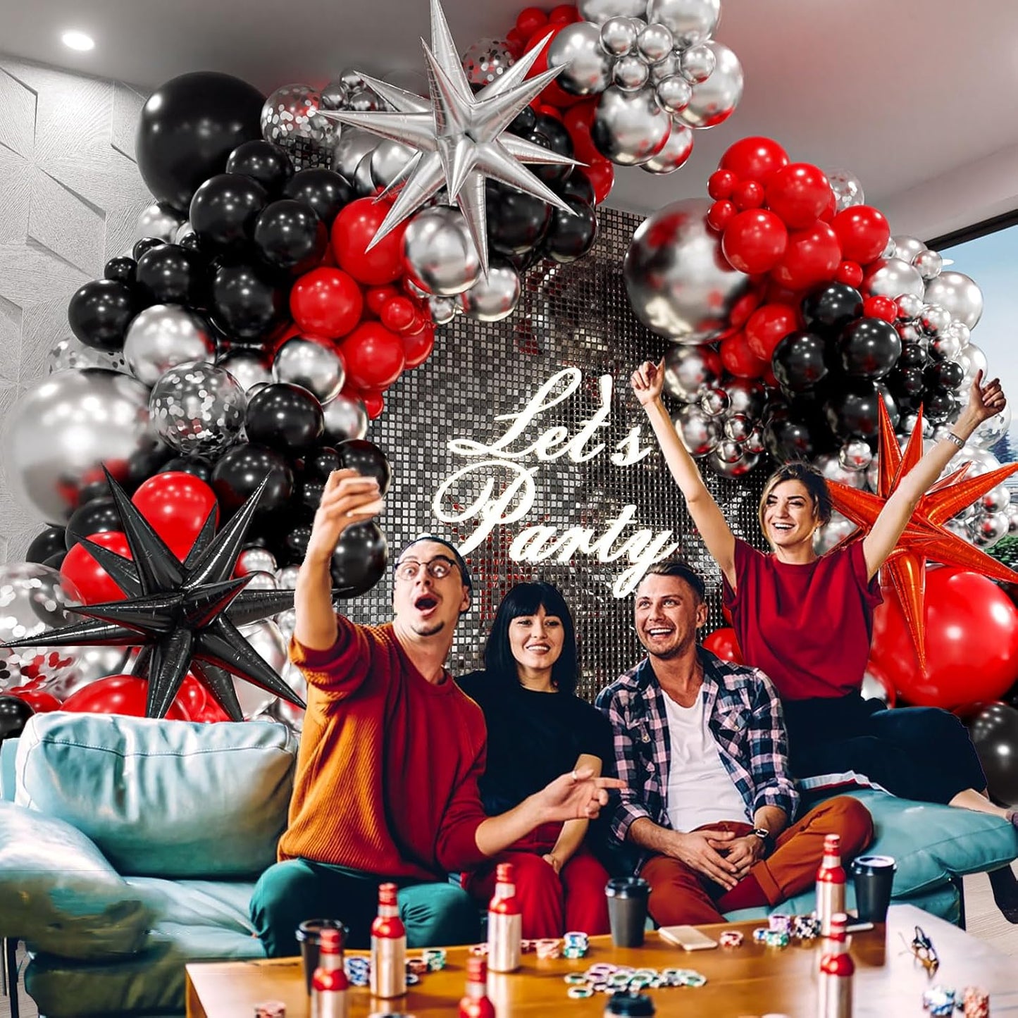 Red & Black Balloon Arch Kit - 3 Star Balloons & Garland for Birthday, Graduation & New Year Celebrations