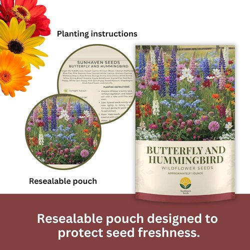 Butterfly and Hummingbird Wildflower Mix - Non-GMO Seeds | 30,000+ Seeds in 1 oz Resealable Packet