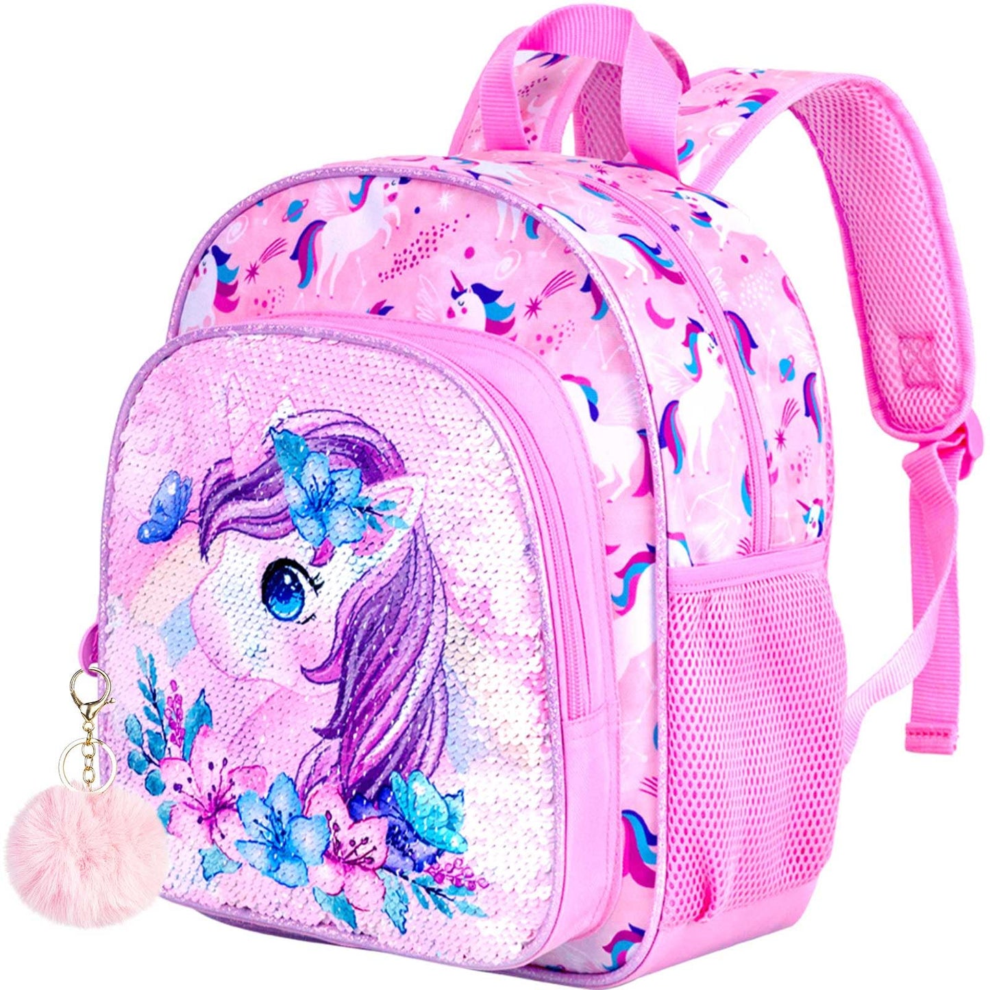 KLFVB Toddler Backpack for Girls, Cute Unicorn Bookbag for Little Kids, 12” Sequin Kindergarten Preschool Schoolbag