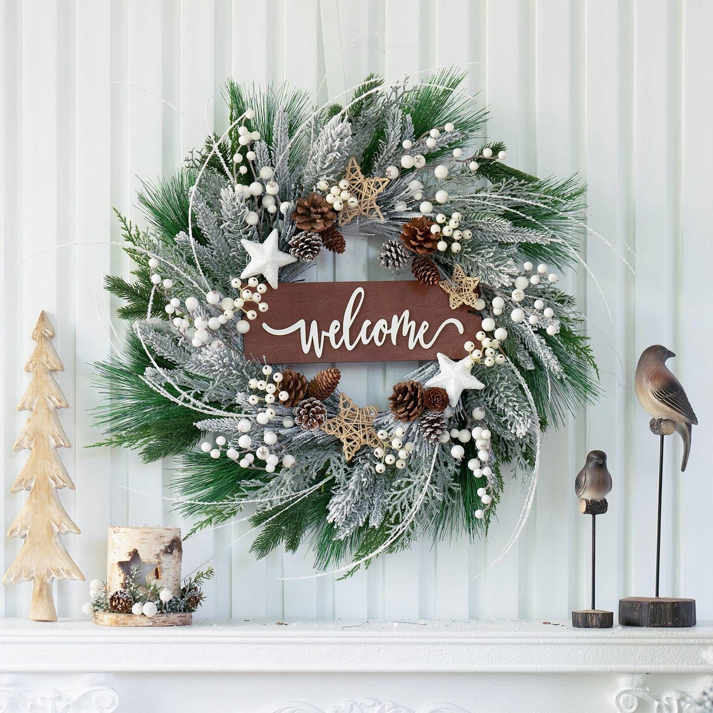 Pinkpuii Winter Wreath for Front Door - 24 Inch Outdoor Christmas Snow Covered Artificial Flocked Spruce Wreath with Pinecones, White Berries, Green Evergreen Xmas Holiday Welcome Decor