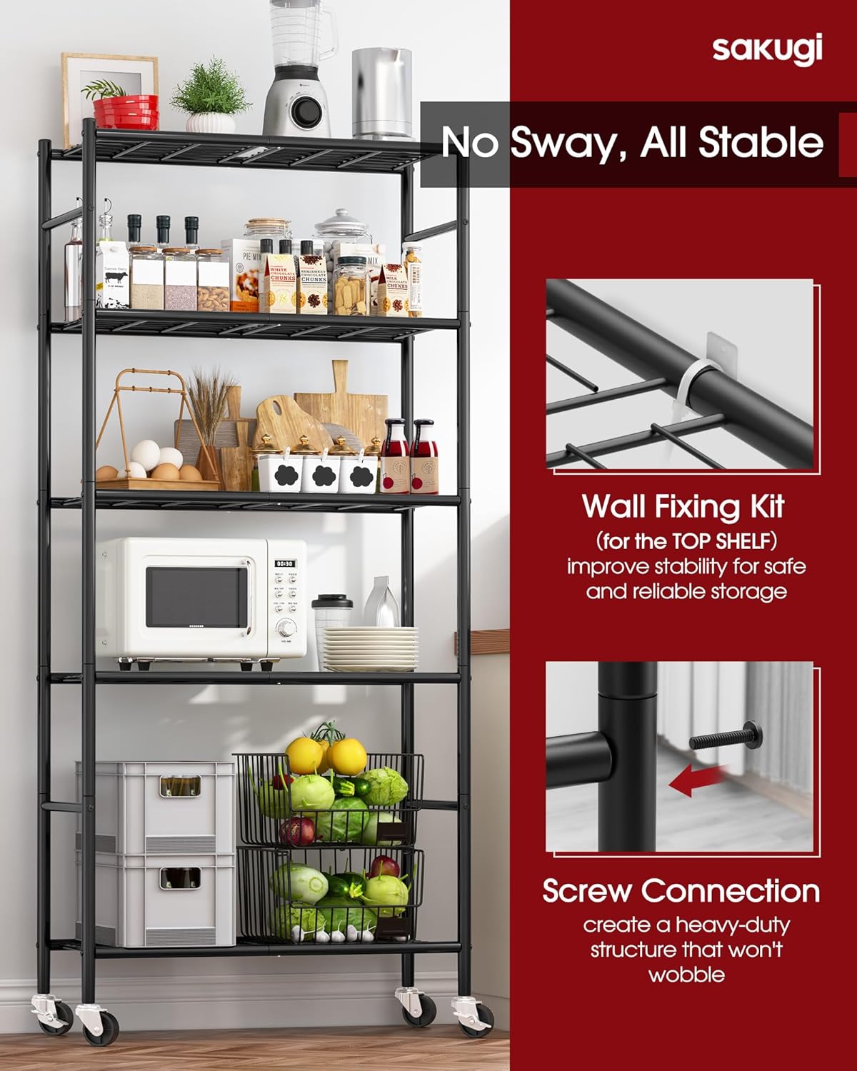 Sakugi Storage Shelves Organizer - Heavy-Duty 5-Tier Metal Shelf with Wheels | Adjustable for Kitchen, Pantry, Closet - 33.1"x12.6"x73.5", Black