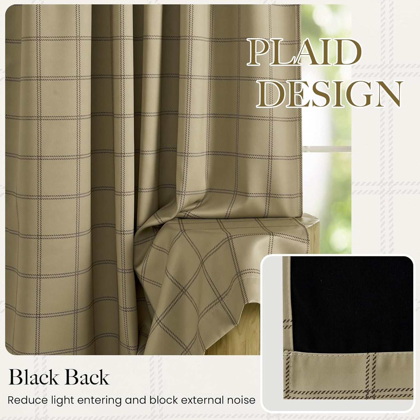 NICETOWN 100% Blackout Plaid Curtains - 84 Inch Long Thermal Insulated Drapes, 2 Panels Set, Burlap