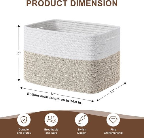 Homsorout Cotton Rope Baskets for Organizing | 12” Decorative Woven Storage Bins - 4 Pack in White/Brown
