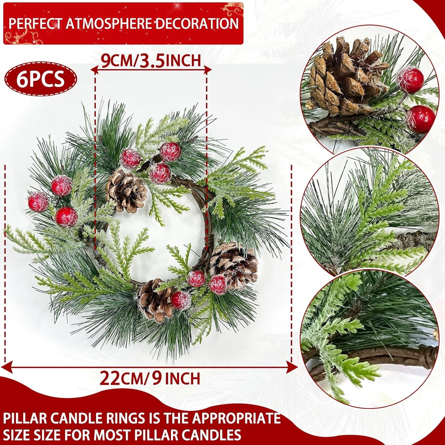 Skiennix 6 Pcs Mini Christmas Wreaths - 9 Inch Snowy Pinecone & Red Berry Candle Rings for Holiday Decor
