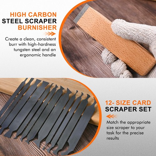 12-PCS Cabinet Scraper Set with Burnisher - Multi-Shaped Card Scrapers for Woodworking, Precision Wood Scraper Kit for Fine Finishing & Shape Shaping, Handcrafted Card Scraper for Woodworking Project
