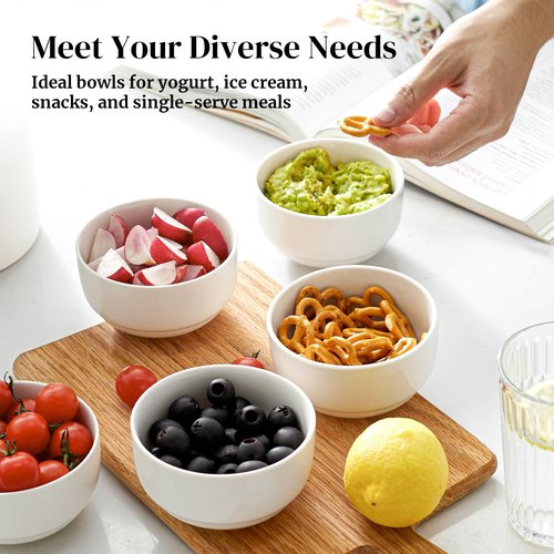 DOWAN 10 OZ Small Bowls, Ice Cream Bowls - 4.25" Ceramic Dessert Bowl Set of 6 - Porcelain Small Cereal Bowls, Side Dishes Dipping Bowl for Portion Control - Dishwasher Microwave Safe（Soft White