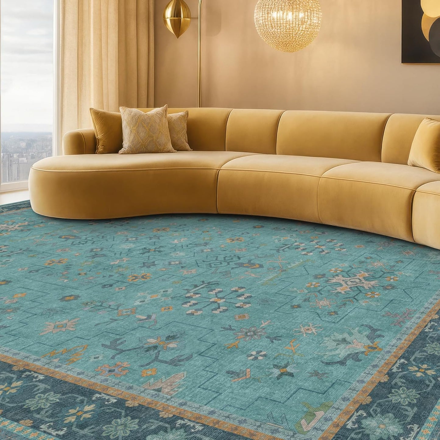 Skiennix Boho 8x10 Teal Green Area Rug - Vibrant Turquoise Soft Non-Slip Indoor Décor for Living Room & Bedroom