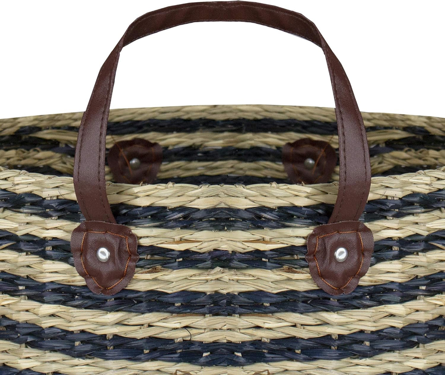 Skiennix 15" Beige and Black Woven Seagrass Basket - Stylish Storage Solution with Handles