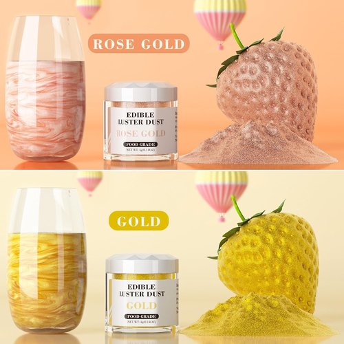 Cherrysea Luster Dust Edible Set - Food Grade Shimmer Powder for Cakes & Cocktails - 4g Bottles, Rose Gold & Gold