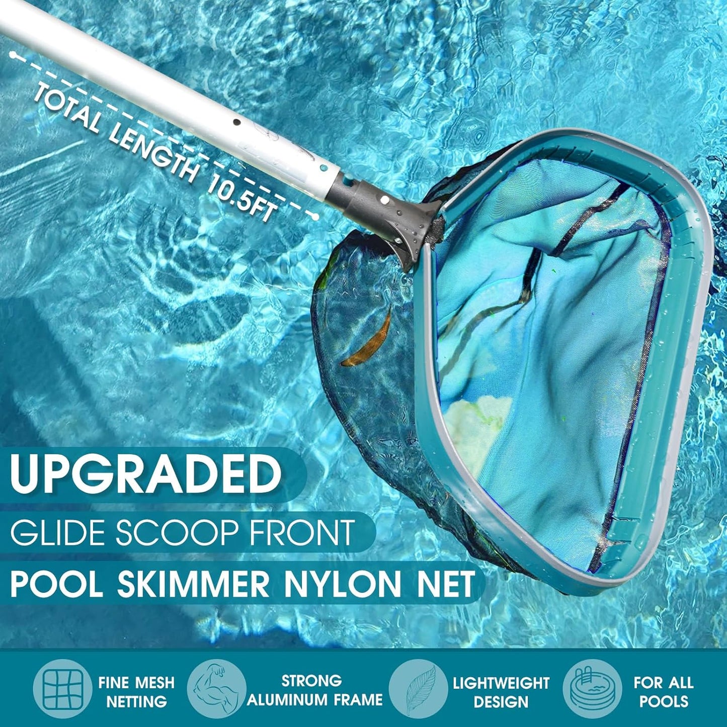 Skiennix Swimming Pool Cleaning Kit - Aluminum Frame Skimmer Net & 10Ft Adjustable Pole | 17.5” Brush Head
