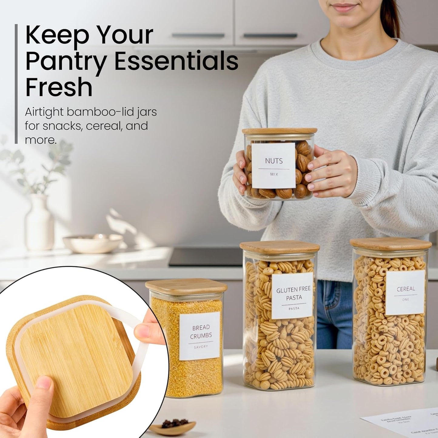 Talented Kitchen Glass Food Storage Containers - Airtight & Stackable Square Jars | Pack of 6, 24/37/51 fl oz