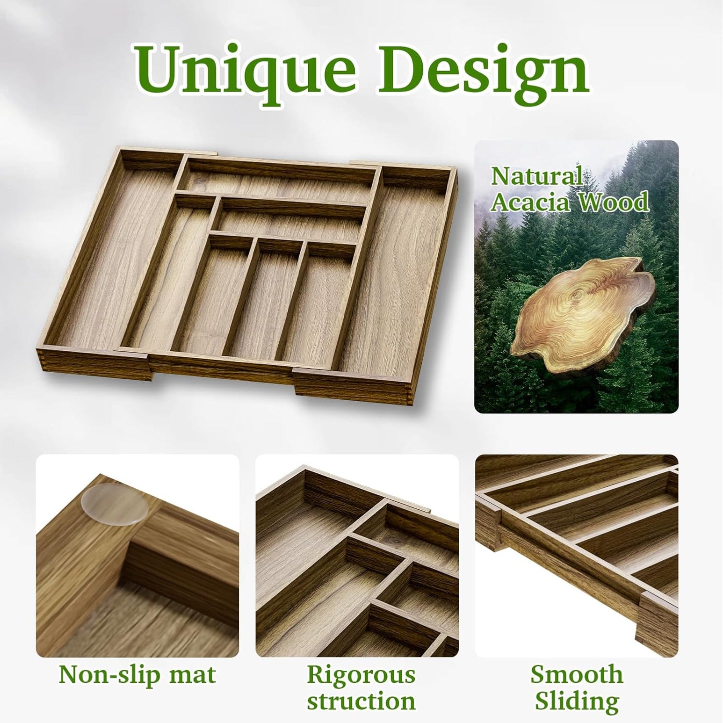 Kiasthome Acacia Wood Silverware Drawer Organizer - Expandable Utensil Tray with Dividers | 13''-21''x16.9'' (6-8 Slots)