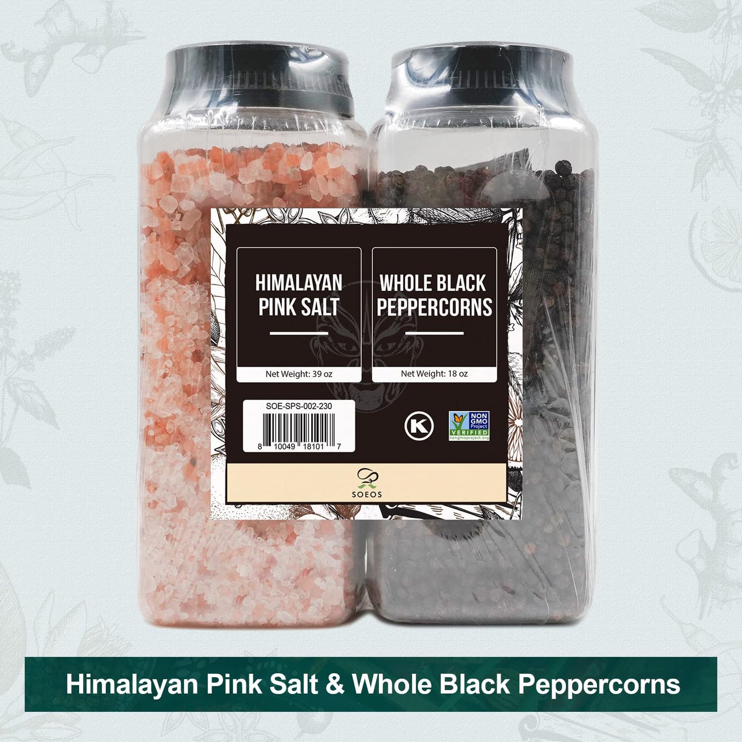 Soeos Himalayan Pink Salt & Whole Black Peppercorns Set - Coarse Grain, Non-GMO, Kosher | 39 oz & 18 oz