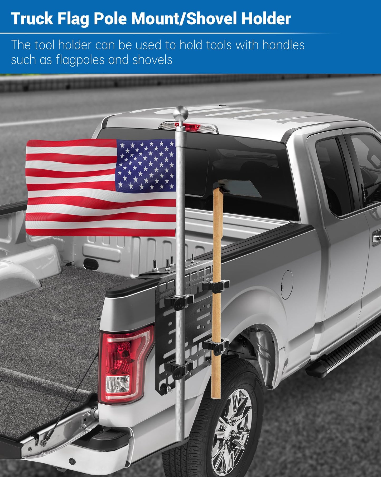 Multifunctional Shovel Holder for Truck Bed, Punch-Free Shovel & Flag Mount for Truck With 4 Rubber Quick-Release Clips (Fits Handle Diameters 1-1/7'' to 1-3/7''), Suitable for Trucks, Trailers