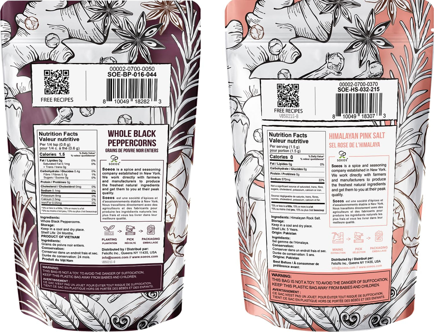 Soeos Whole Black Peppercorns & Himalayan Pink Salt Set - 12oz Peppercorns + 2lb Pink Salt