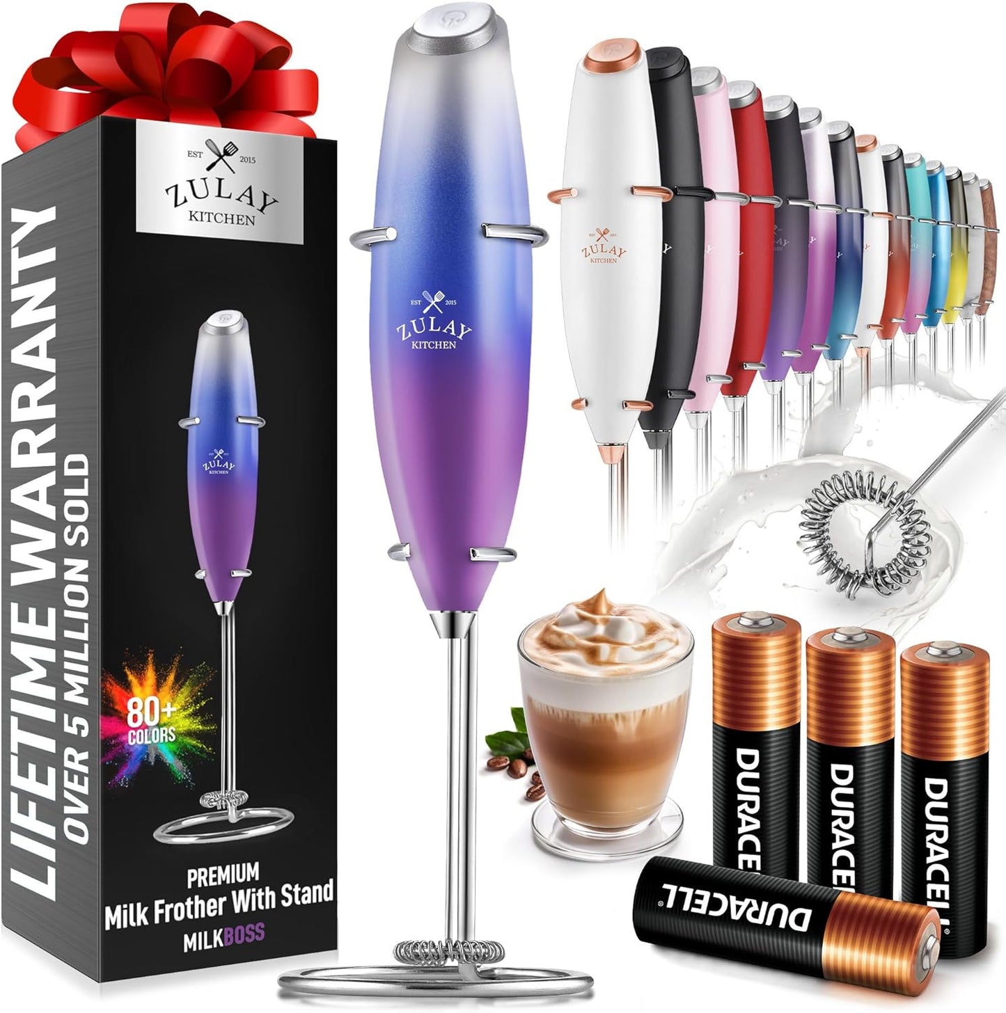 Zulay Kitchen Milk Frother Wand - Ultra-Fast Handheld Drink Mixer with 4 AA Batteries | Perfect for Coffee, Lattes & Cappuccino