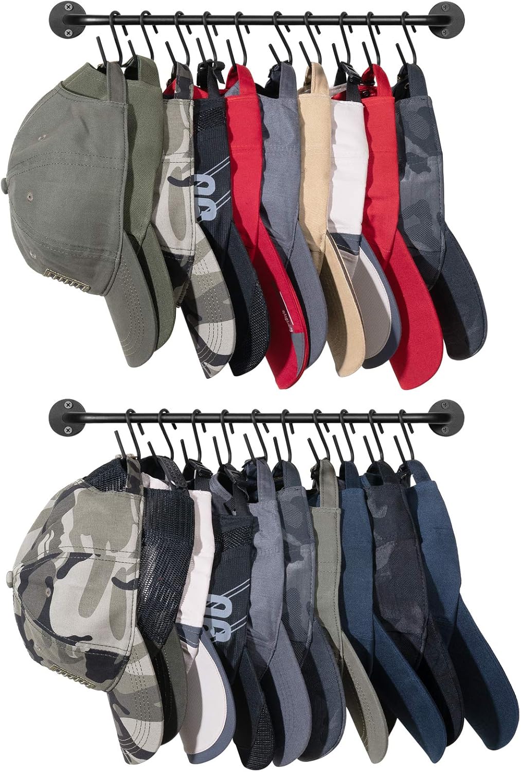 Mkono Hat Rack - Wall-Mounted Baseball Cap Organizer with 20 Hooks | Modern Metal Design, Set of 2 Black