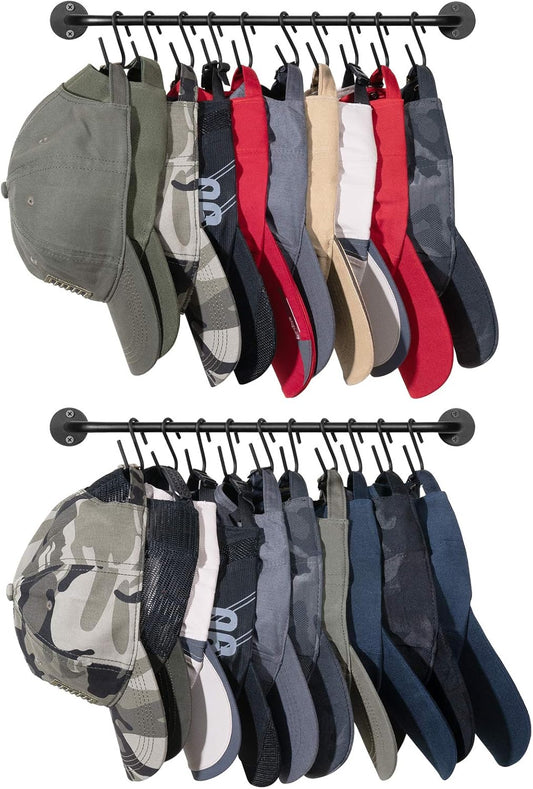 Mkono Hat Rack - Wall-Mounted Baseball Cap Organizer with 20 Hooks | Modern Metal Design, Set of 2 Black