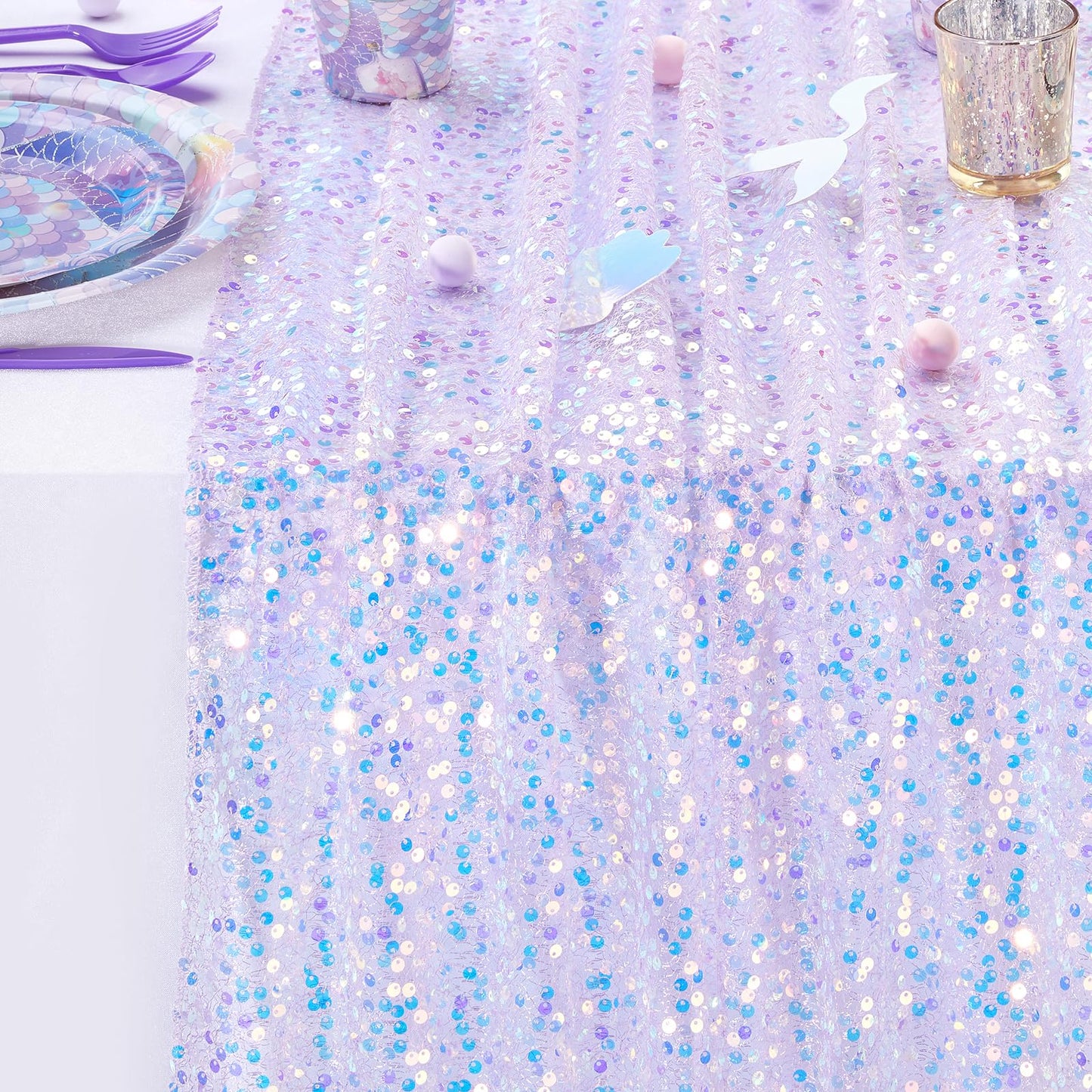 Sequin Iridescent Table Runner 25x120 Inches Purple Table Runners Sparkly Lavender Fabric Mermaid Party Decorations