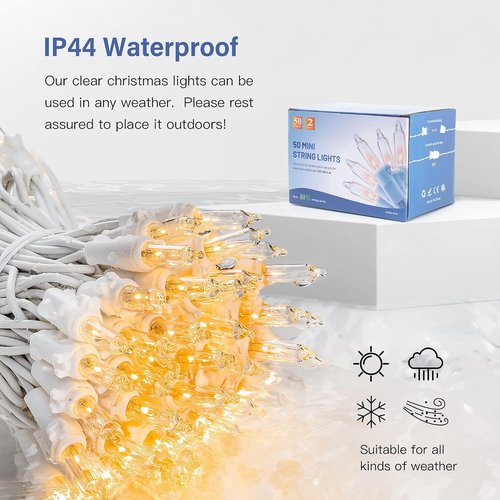 Hopolon Clear Christmas Lights - 50-Count Mini String Lights with White Wire | Warm White for Holiday Decor