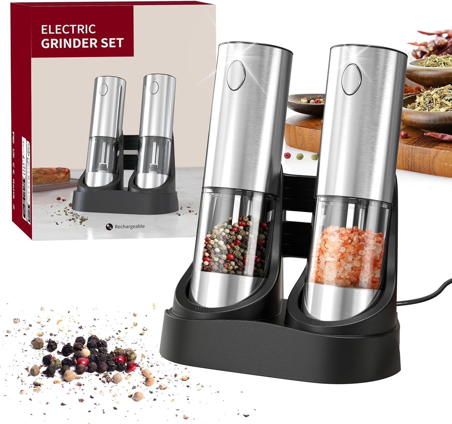 Skiennix Electric Salt and Pepper Grinder Set - Rechargeable Stainless Steel Mills with LED Light & Adjustable Coarseness